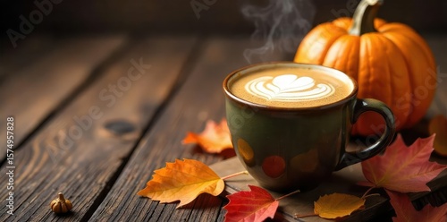 A steaming mug of pumpkin spice latte art sits on a rustic wooden table next to a whole pumpkin and autumn leaves Perfect for fall-themed recipes, blogs, and seasonal menus , creamy, spice