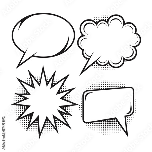 Manga speech bubble. Comic text frame with pop art halftone dotted effect. Balloon chat shape for dialog. Cloud for shock shout and scream action messages.