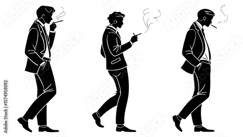 "Three adult male silhouettes in black suits, viewed from the knees up. They are smoking cigarettes, smoke curling from their mouths. The composition is clean, evenly spaced, and entirely in flat blac