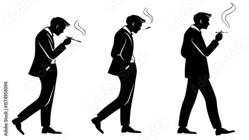 "Three adult male silhouettes in black suits, viewed from the knees up. They are smoking cigarettes, smoke curling from their mouths. The composition is clean, evenly spaced, and entirely in flat blac