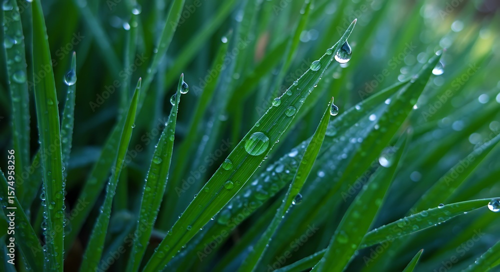 Close-up of bright green grass blades with dew, saturated, tactile freshness Close-up of bright green grass blades with dew, saturated, tactile freshness