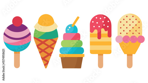Bright Flat Design Ice Cream and Popsicle Vector Set - Colorful Summer Dessert Collection