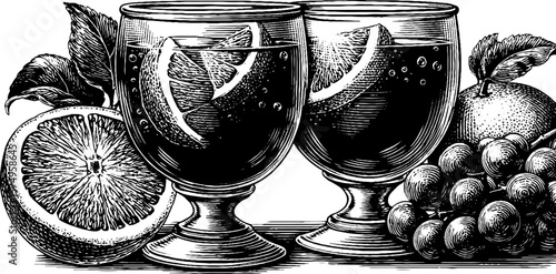 Vintage engraved illustration of sangria in goblets with citrus and grapes arrangement for art print and design