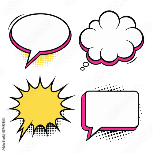 Manga speech bubble. Comic text frame with pop art halftone dotted effect. Balloon chat shape for dialog. Cloud for shock shout and scream action messages.