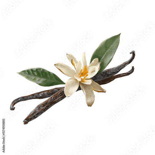 Vanilla pods, flower, and leaves isolated on white transparent background.