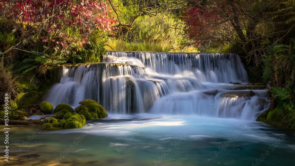 Fototapeta premium Beautiful waterfall cascading through a lush green forest