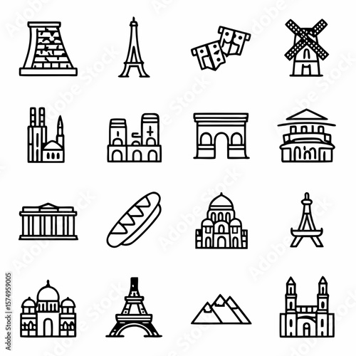 Landmarks and travel destinations icons set eiffel tower architecture building famous place tourism culture europe 100