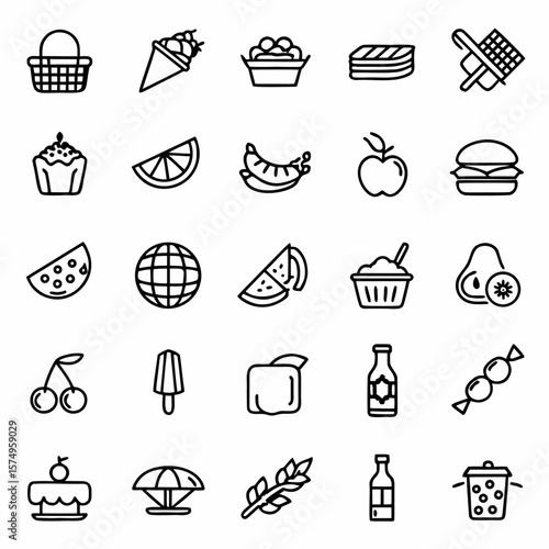 Food and dessert icons vector set collection delicious sweets fruits and snacks outline style design elements