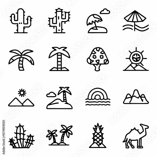 Collection of summer vacation icons representing desert, beach, island, and tropical themes in line art