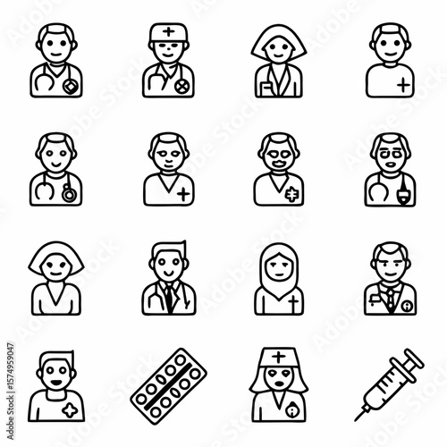 Medical healthcare professionals doctors nurses and medical supplies vector icons for healthcare industry