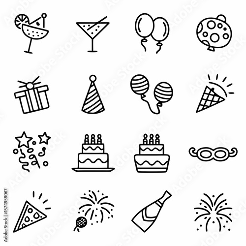 Celebration party icons set vector illustration with cake balloons fireworks and other festive elements