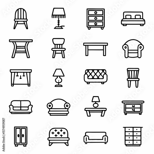 Furniture icons set vector design featuring sofa chair table lamp and dresser perfect for interior design 100