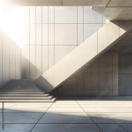 Abstract empty, modern concrete exterior room with a large staircase and sunlight industrial background template concept


