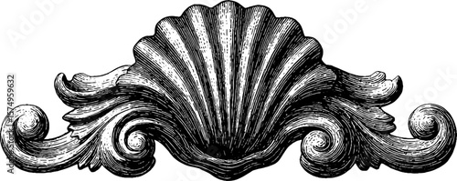 Engraved shell motif ornament with symmetrical details for decorative design
