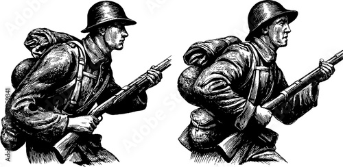 Engraved soldier illustrations with rifles – military art for historical design projects