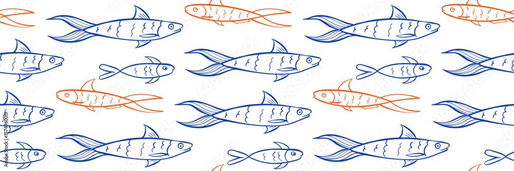 Obraz premium Marine fish Seamless pattern. Doodle Sardines in blue and orange color in white background. Ideal for wrapping paper, textiles, packaging and summer themed goods. Outline nautical vector illustration.