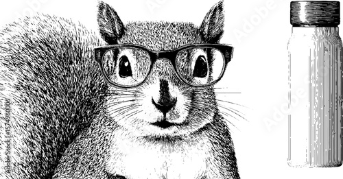 Quirky squirrel with glasses and bottle - engraved black and white artwork