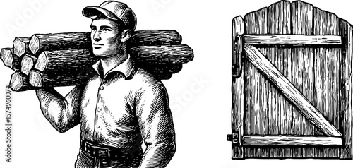 Rustic charm: engraved illustration of firewood and wooden gate for vintage design