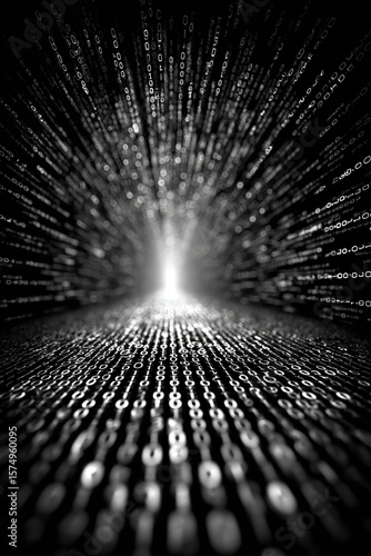 Abstract black and white digital art, a data tunnel with light