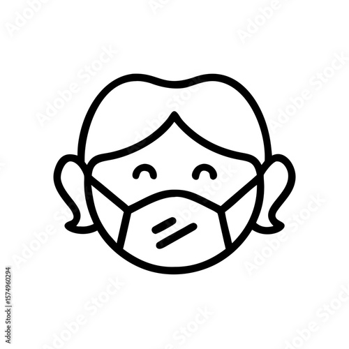 Person wearing face mask as line art, demonstrating safety measures, and showing protected visage. Face mask use symbolizes precaution and preventative health.