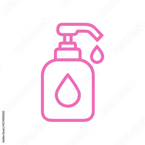 Pink soap icon illustration of bottle with dispenser and water drop. Soap icon is essential for hygiene and cleanliness. Symbolic soap icon for web design, app interface, or healthcare information.