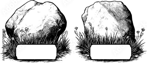 Engraved stone medallions with floral accents for print design and decoration