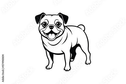 Black and White Illustration of a Happy Pug Dog Standing on White Background