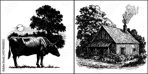 Rustic charm: engraved scenes of sunset over barn and pastoral landscape