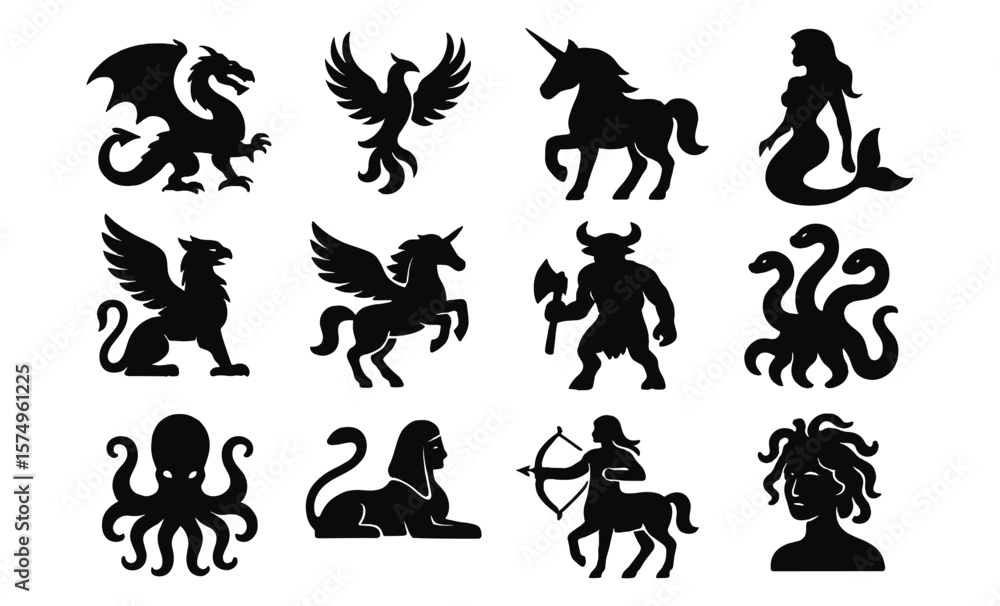 Obraz premium Mythical creature silhouettes: dragons, unicorns, and legendary figures