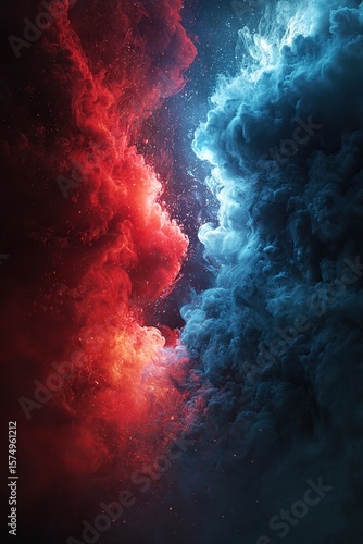 Abstract depiction of red and blue nebula-like clouds