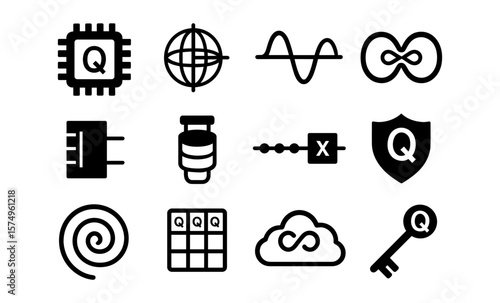 Set of minimalist black icons for quantum computing and data science