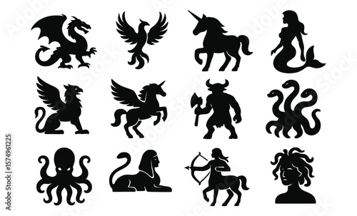Mythical creature silhouettes: dragons, unicorns, and legendary figures