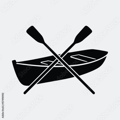 Silhouette rowboat with crossed oars minimalist black and white vector illustration