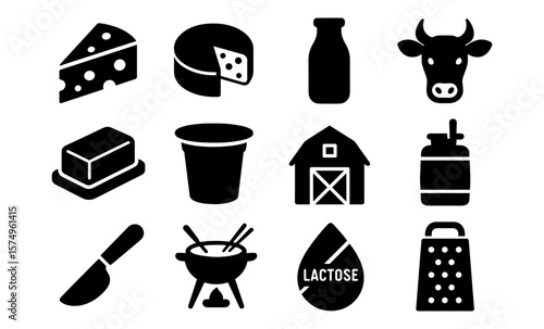 Silhouette icons of dairy products and tools in black and white design