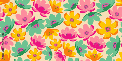 trendy Colorful hand drawn tropical flowers. abstract seamless pattern for Fabric, textiles, wrapping paper, wallpaper background design vector illustration
