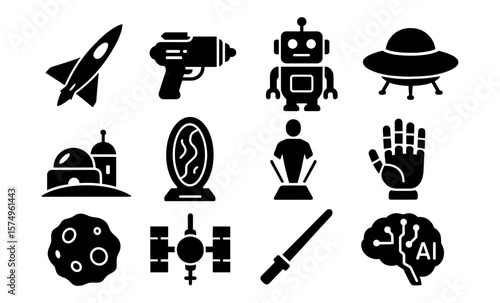 Retro futuristic icons featuring spacecraft robots ufos and ai elements