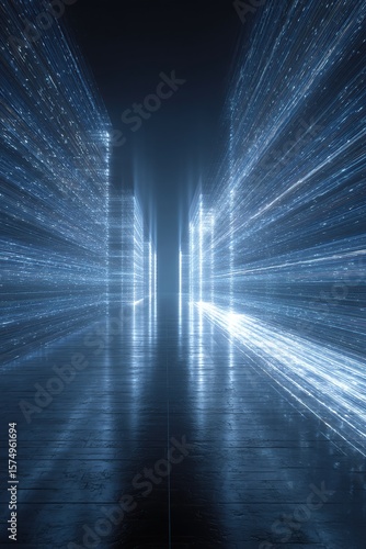 Abstract digital cityscape, emanating blue light, futuristic aesthetic