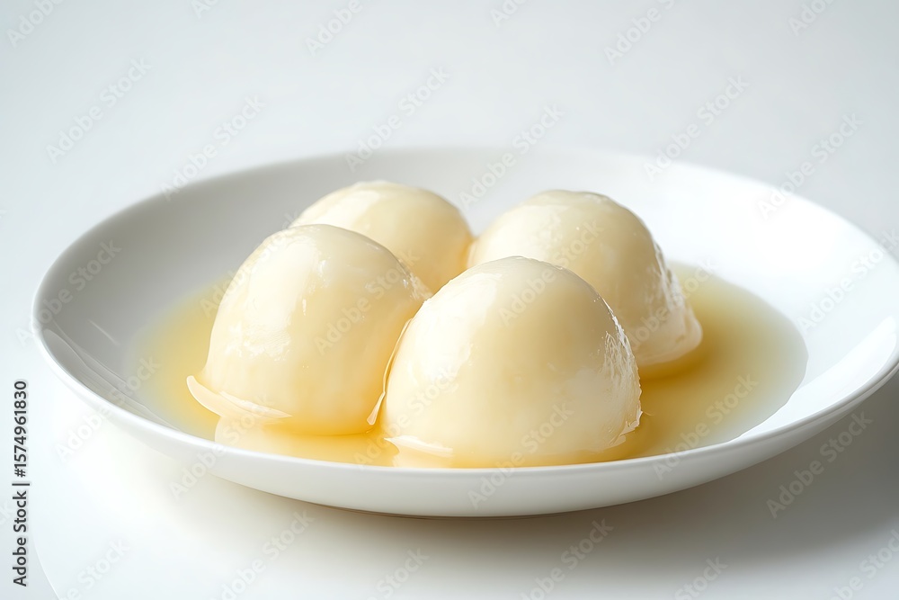 Four smooth creamy white dumplings with a glossy sheen are served in a light yellow sweet syrup in a clean white bowl Four smooth creamy white dumplings with a glossy sheen are served in a light yellow sweet syrup in a clean white bowl