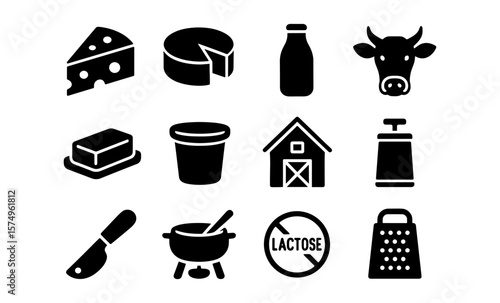 Dairy icons set with cheese, milk, and butter in bold silhouette style