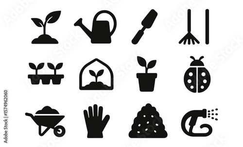 Garden tools and plants silhouettes: essential gardening icons collection