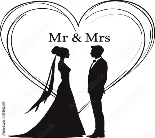 Romantic Wedding Silhouette – Vector Illustration of Bride and Groom Facing Each Other with Heart and ‘Mr & Mrs’ Typography