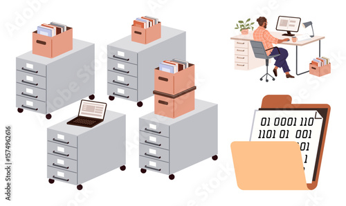 Filing cabinets with folders, boxes, and a laptop beside a worker at a desk managing digital files. Ideal for data storage, office workflow, digital transformation, organization, work efficiency