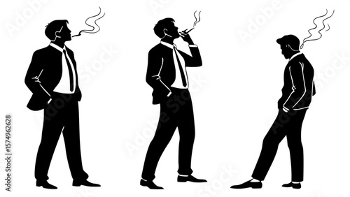 "Three full-body silhouettes of light-skinned businessmen smoking, their poses slightly varied in three-quarter view. The men wear ties, dark suits, and the cigarette smoke drifts upward. High-contras