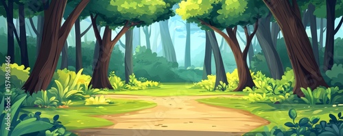 Lush Forest Path Illustration Green Trees, Winding Trail, Nature Scene, digital art, nature illustration Forest, Nature