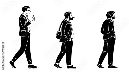 "Silhouettes of three adult males in formal attire—suits and ties—standing, smoking cigarettes, and facing slightly different directions. Black graphic shapes on white background, smoke illustrated su