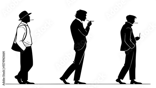 "Silhouettes of three adult males in formal attire—suits and ties—standing, smoking cigarettes, and facing slightly different directions. Black graphic shapes on white background, smoke illustrated su