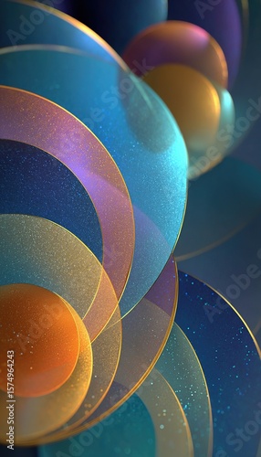 Abstract, layered, luminous circles in a palette of blues, oranges, and gold