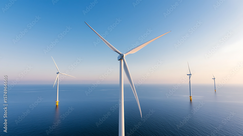 Fototapeta premium Offshore Wind Turbines: Renewable energy production in serene ocean environment, clean energy solution.