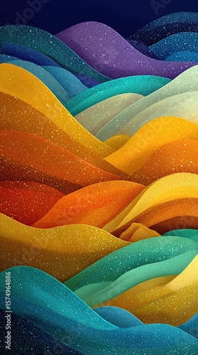 Abstract layered wavy shapes in warm, bright, colorful tones