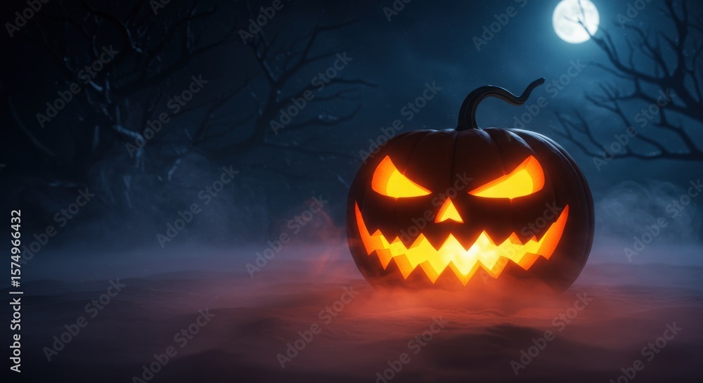 Naklejka premium Spooky Halloween Jack-o'-Lantern on a Foggy Night